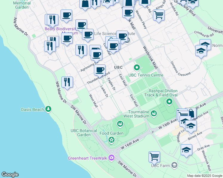map of restaurants, bars, coffee shops, grocery stores, and more near 6279 Eagles Drive in Vancouver