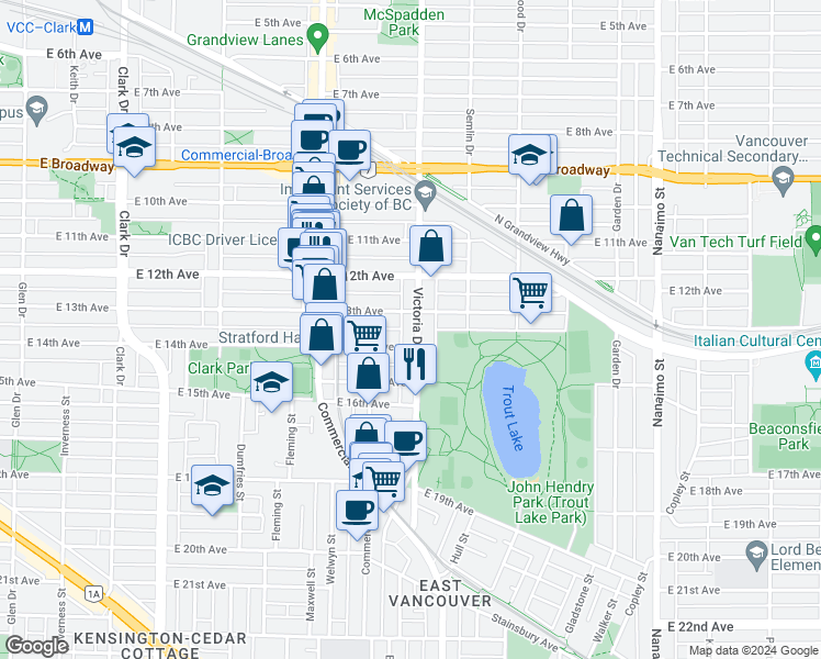 map of restaurants, bars, coffee shops, grocery stores, and more near 2951 Victoria Drive in Vancouver