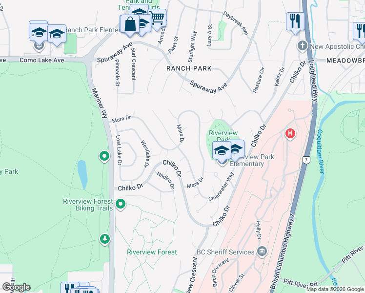 map of restaurants, bars, coffee shops, grocery stores, and more near 600 Clearwater Way in Coquitlam