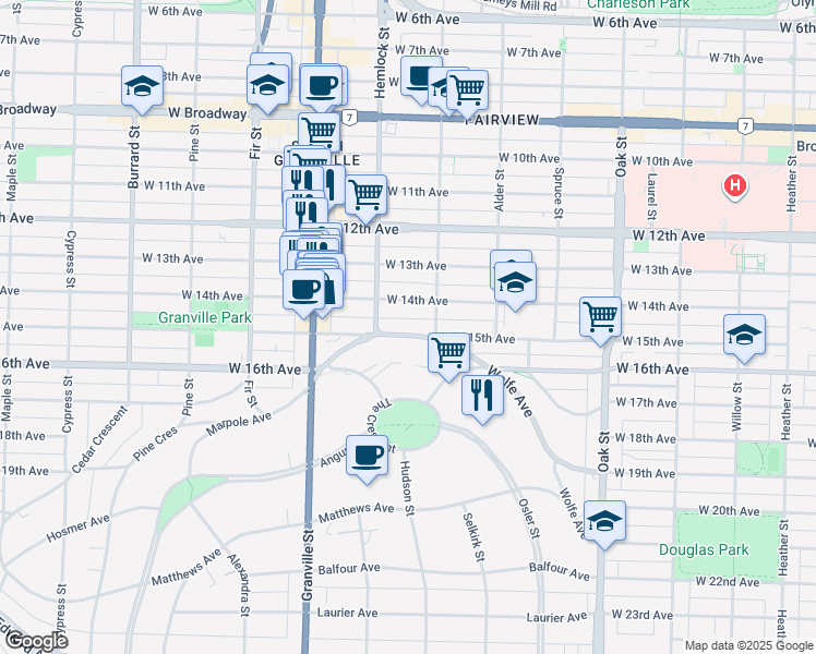 map of restaurants, bars, coffee shops, grocery stores, and more near 1345 West 15th Avenue in Vancouver