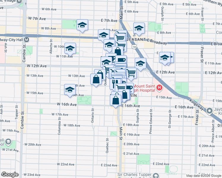 map of restaurants, bars, coffee shops, grocery stores, and more near 140 East 14th Avenue in Vancouver