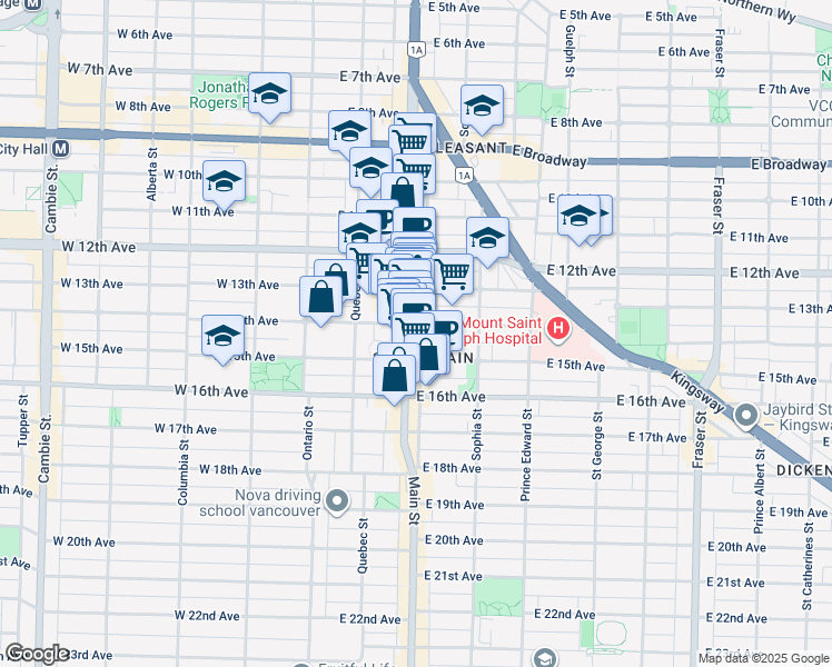 map of restaurants, bars, coffee shops, grocery stores, and more near 3080 Main Street in Vancouver