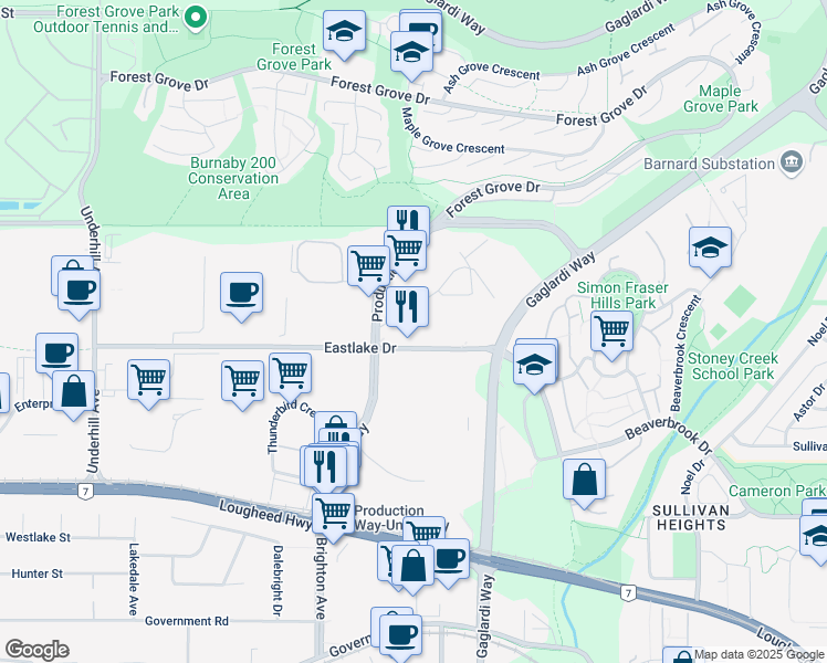 map of restaurants, bars, coffee shops, grocery stores, and more near 2880 Production Way in Burnaby