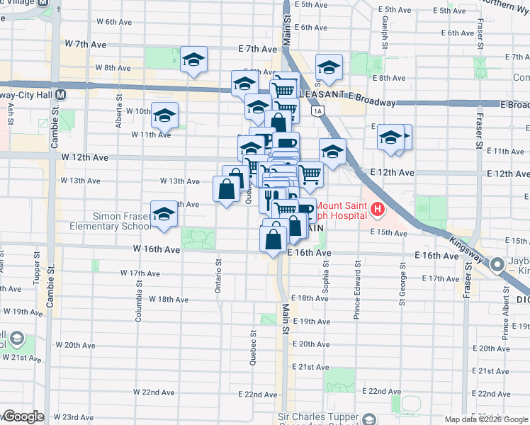 map of restaurants, bars, coffee shops, grocery stores, and more near in Vancouver