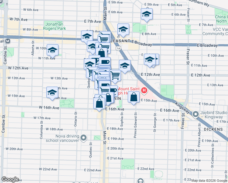 map of restaurants, bars, coffee shops, grocery stores, and more near 242 East 14th Avenue in Vancouver