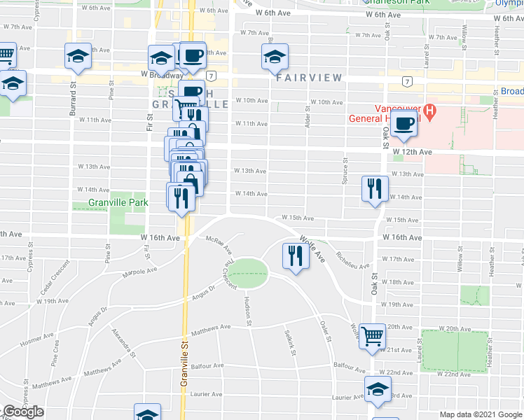 map of restaurants, bars, coffee shops, grocery stores, and more near in Vancouver