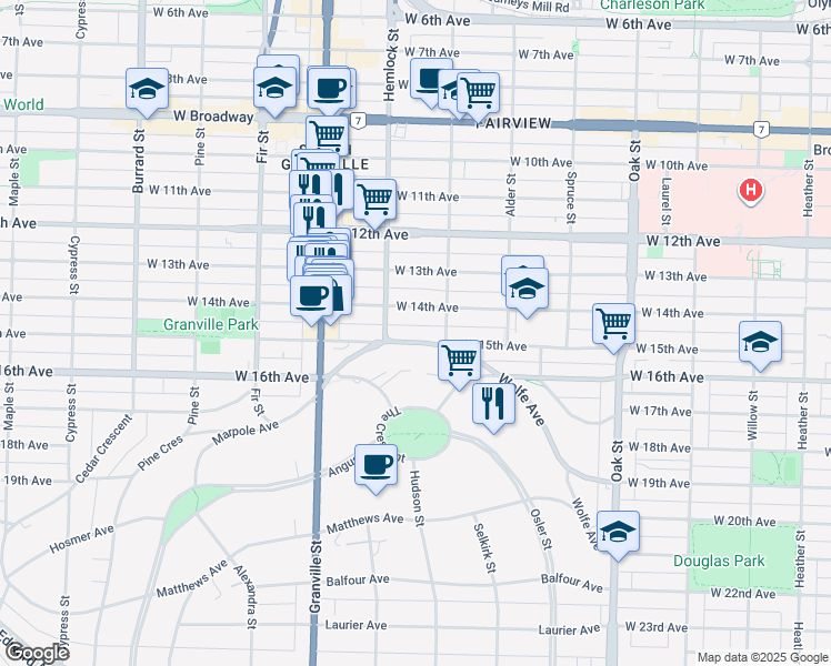 map of restaurants, bars, coffee shops, grocery stores, and more near in Vancouver