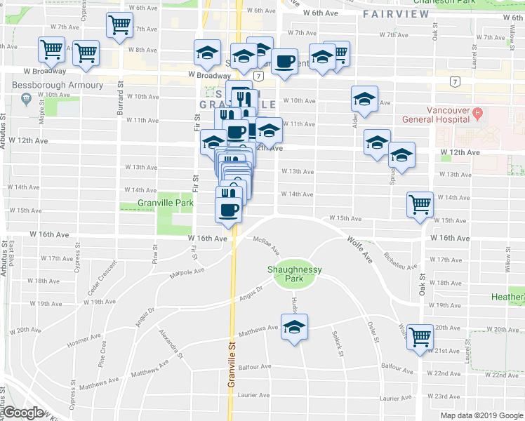 map of restaurants, bars, coffee shops, grocery stores, and more near in Vancouver