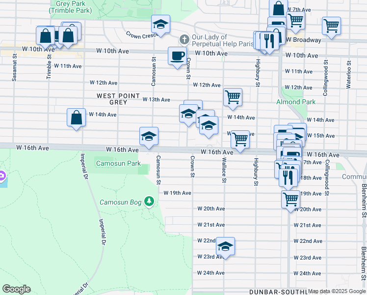 map of restaurants, bars, coffee shops, grocery stores, and more near 3187 Crown Street in Vancouver