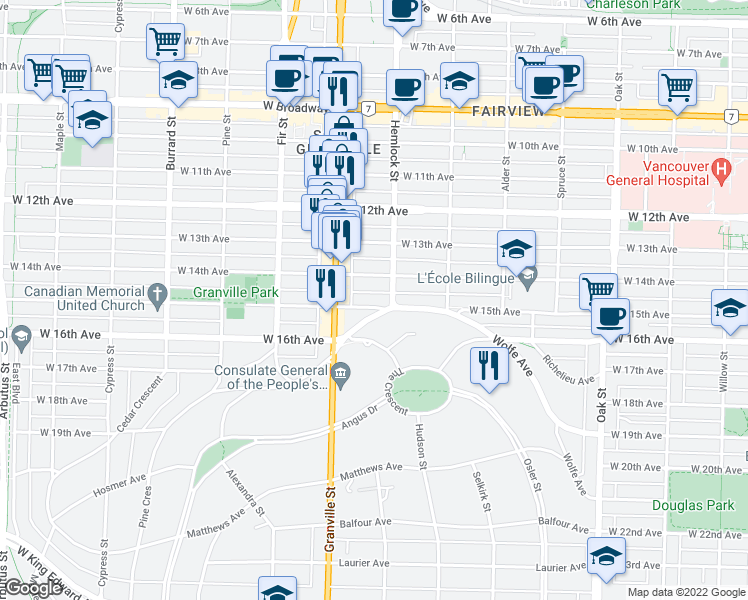 map of restaurants, bars, coffee shops, grocery stores, and more near in Vancouver