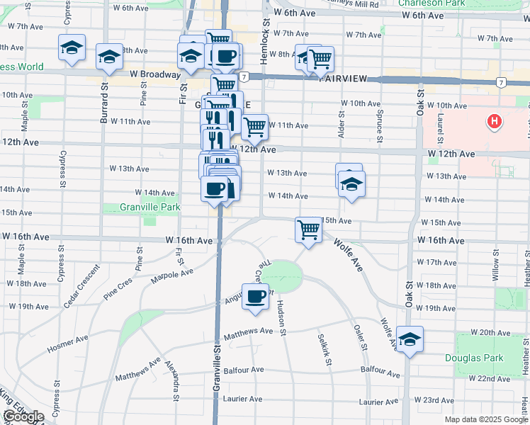 map of restaurants, bars, coffee shops, grocery stores, and more near 1385 West 15th Avenue in Vancouver