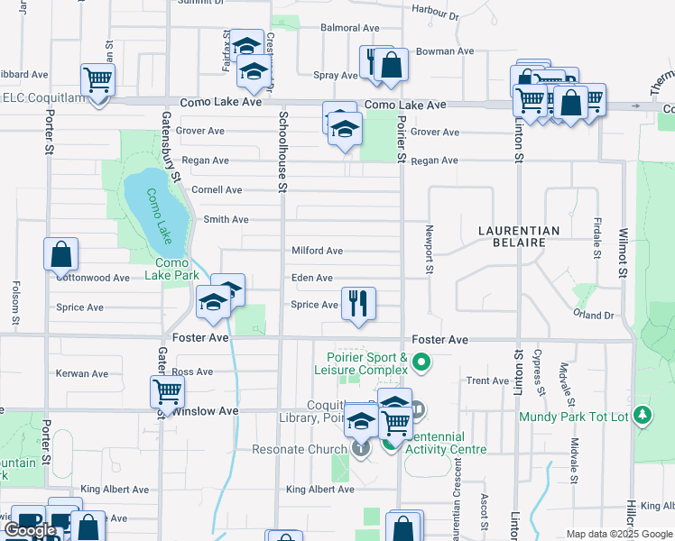 map of restaurants, bars, coffee shops, grocery stores, and more near 1639 Eden Avenue in Coquitlam
