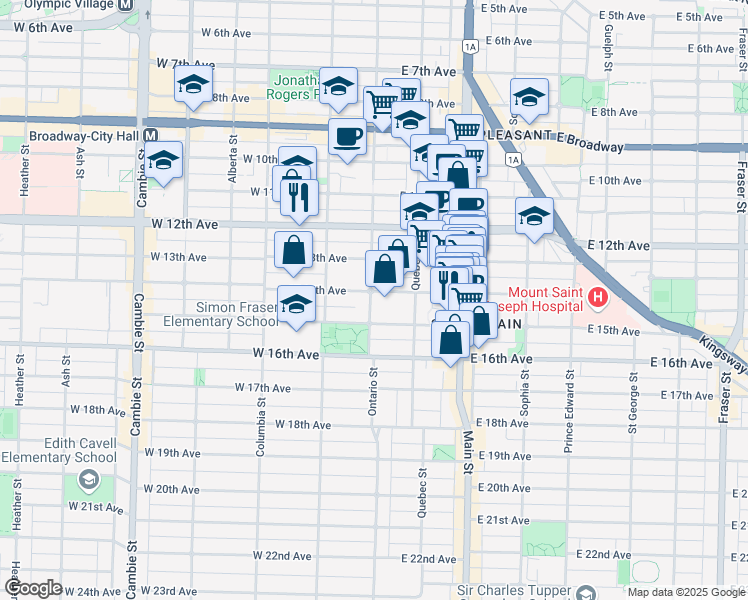 map of restaurants, bars, coffee shops, grocery stores, and more near 3010 Ontario Street in Vancouver