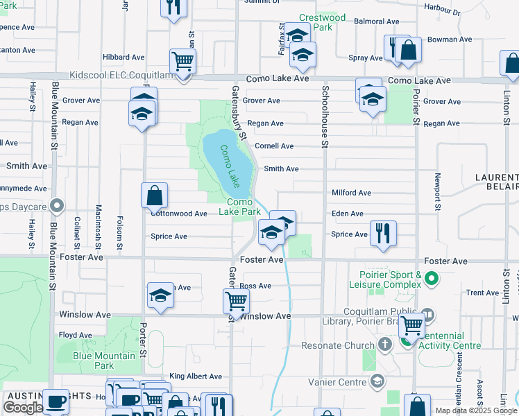 map of restaurants, bars, coffee shops, grocery stores, and more near 677 Gatensbury Street in Coquitlam