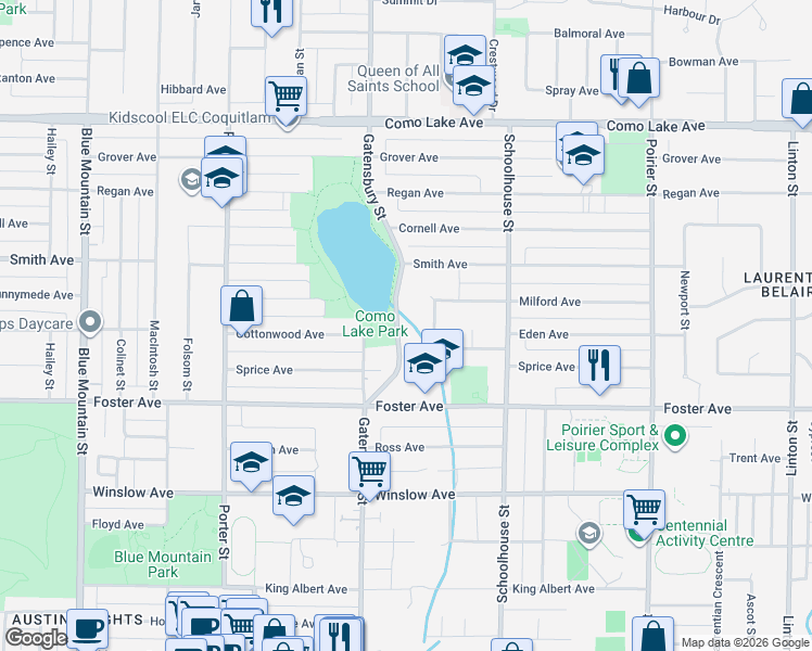 map of restaurants, bars, coffee shops, grocery stores, and more near 681 Gatensbury Street in Coquitlam