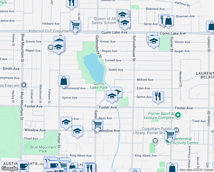 map of restaurants, bars, coffee shops, grocery stores, and more near 677 Gatensbury Street in Coquitlam