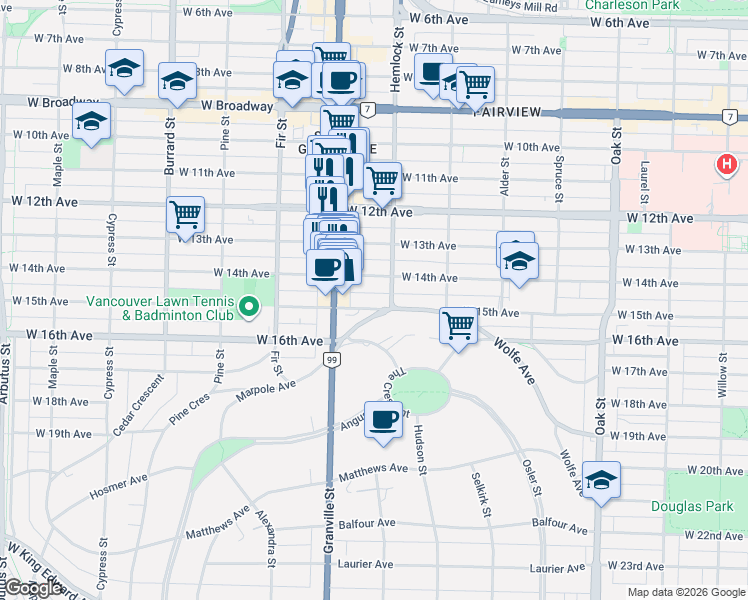 map of restaurants, bars, coffee shops, grocery stores, and more near 1405 West 15th Avenue in Vancouver