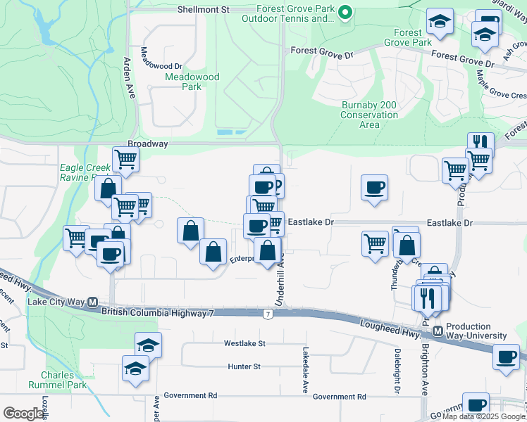 map of restaurants, bars, coffee shops, grocery stores, and more near 2999 Underhill Avenue in Burnaby