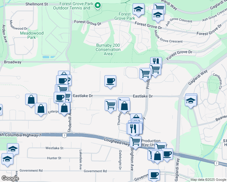 map of restaurants, bars, coffee shops, grocery stores, and more near 8399 Eastlake Drive in Burnaby