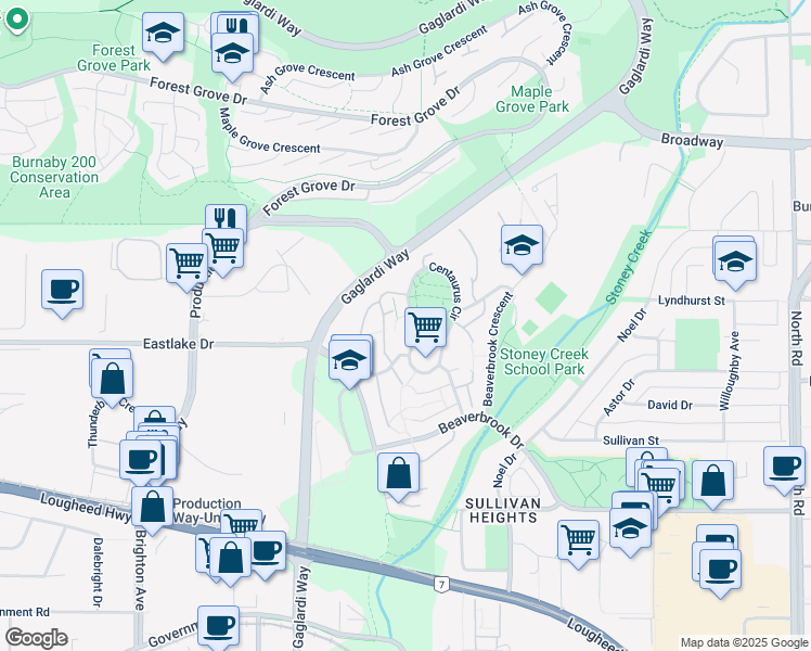 map of restaurants, bars, coffee shops, grocery stores, and more near 8904 Centaurus Circle in Burnaby