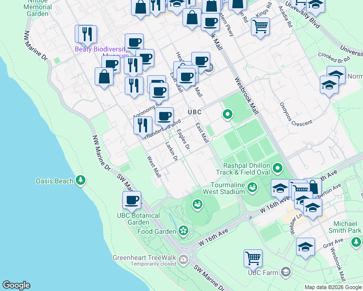 map of restaurants, bars, coffee shops, grocery stores, and more near 6279 Eagles Drive in University Endowment Lands