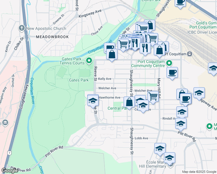 map of restaurants, bars, coffee shops, grocery stores, and more near 2435 Welcher Avenue in Port Coquitlam