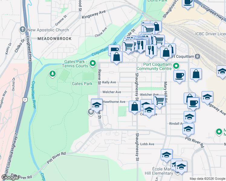 map of restaurants, bars, coffee shops, grocery stores, and more near 2435 Welcher Avenue in Port Coquitlam