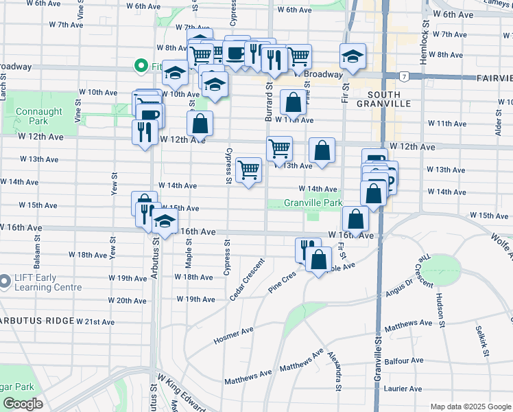 map of restaurants, bars, coffee shops, grocery stores, and more near 1827 West 15th Avenue in Vancouver