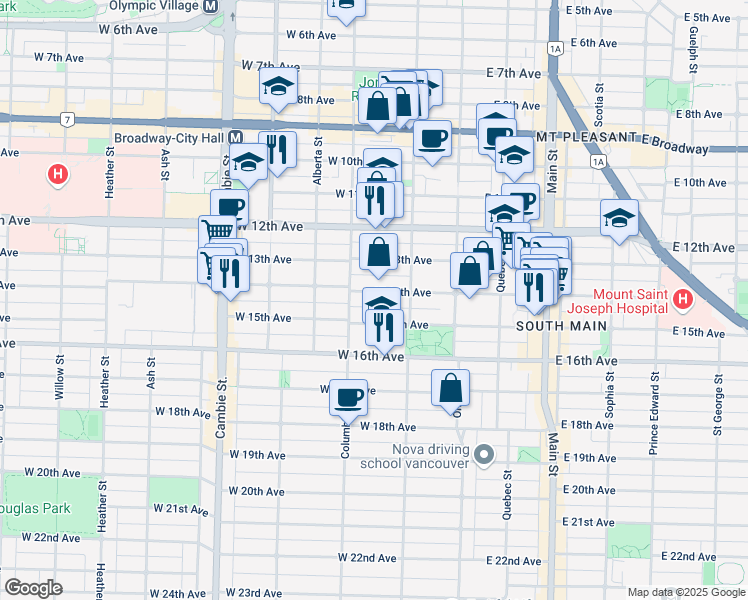 map of restaurants, bars, coffee shops, grocery stores, and more near 144 West 14th Avenue in Vancouver