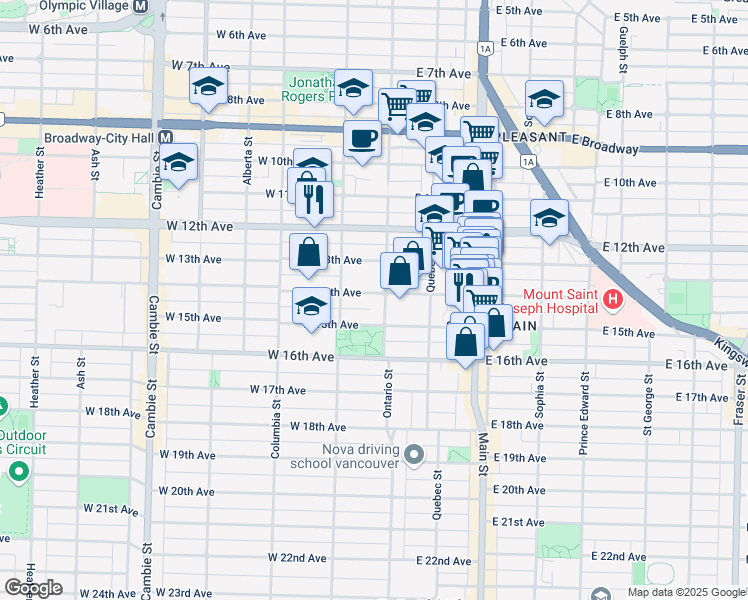 map of restaurants, bars, coffee shops, grocery stores, and more near 20 West 14th Avenue in Vancouver