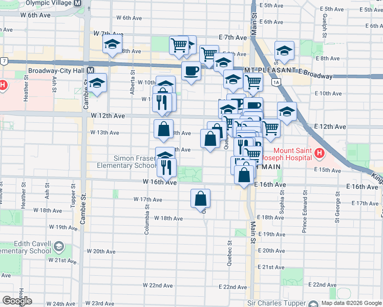 map of restaurants, bars, coffee shops, grocery stores, and more near 38 West 14th Avenue in Vancouver