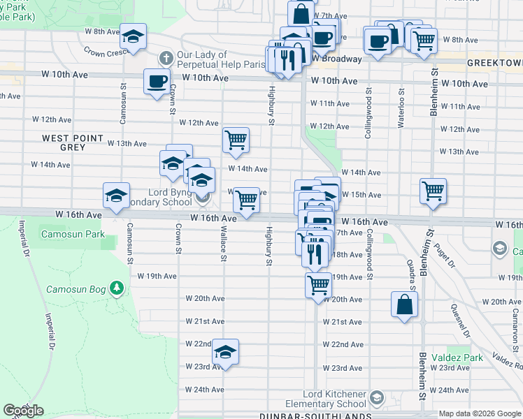 map of restaurants, bars, coffee shops, grocery stores, and more near 3813 West 16th Avenue in Vancouver