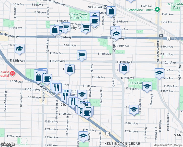 map of restaurants, bars, coffee shops, grocery stores, and more near 2965 Glen Drive in Vancouver