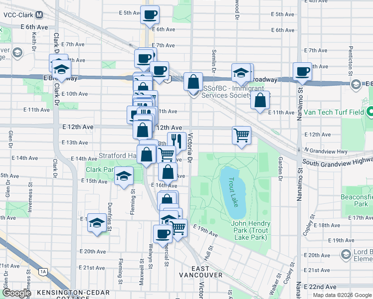 map of restaurants, bars, coffee shops, grocery stores, and more near 2935 Victoria Drive in Vancouver