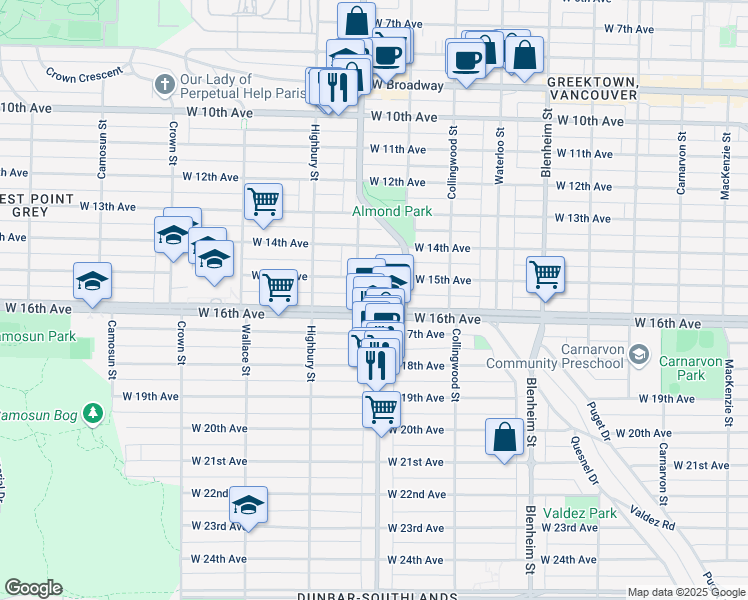 map of restaurants, bars, coffee shops, grocery stores, and more near in Vancouver