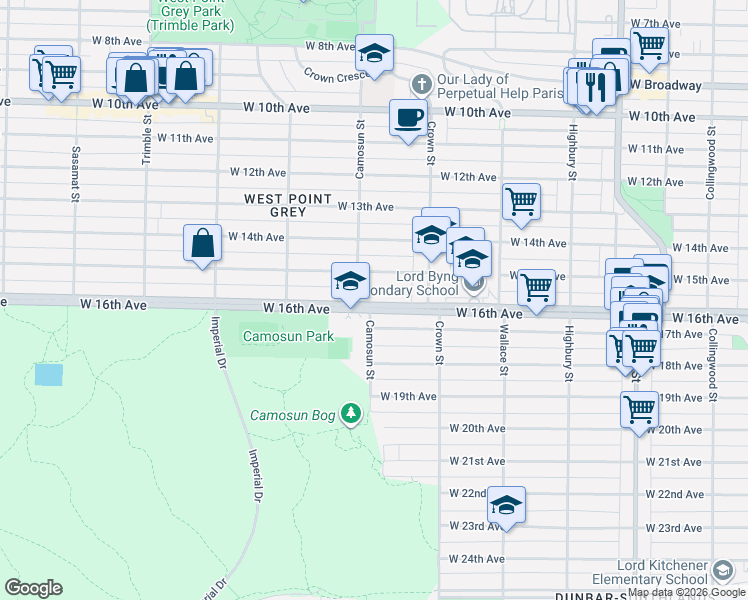 map of restaurants, bars, coffee shops, grocery stores, and more near 3189 Camosun Street in Vancouver