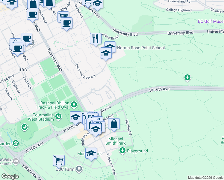 map of restaurants, bars, coffee shops, grocery stores, and more near in Vancouver