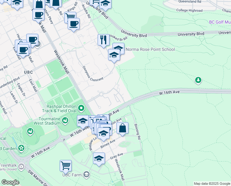 map of restaurants, bars, coffee shops, grocery stores, and more near 5650 Hampton Place in University Endowment Lands