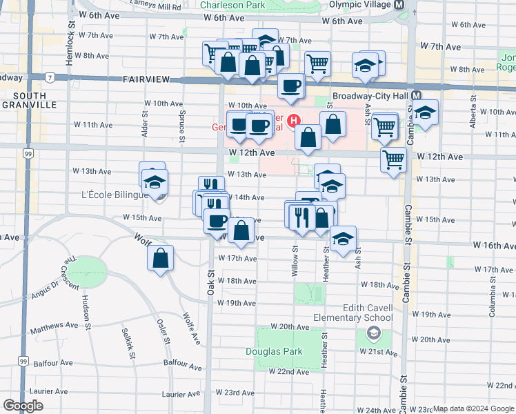 map of restaurants, bars, coffee shops, grocery stores, and more near 3031 Laurel Street in Vancouver