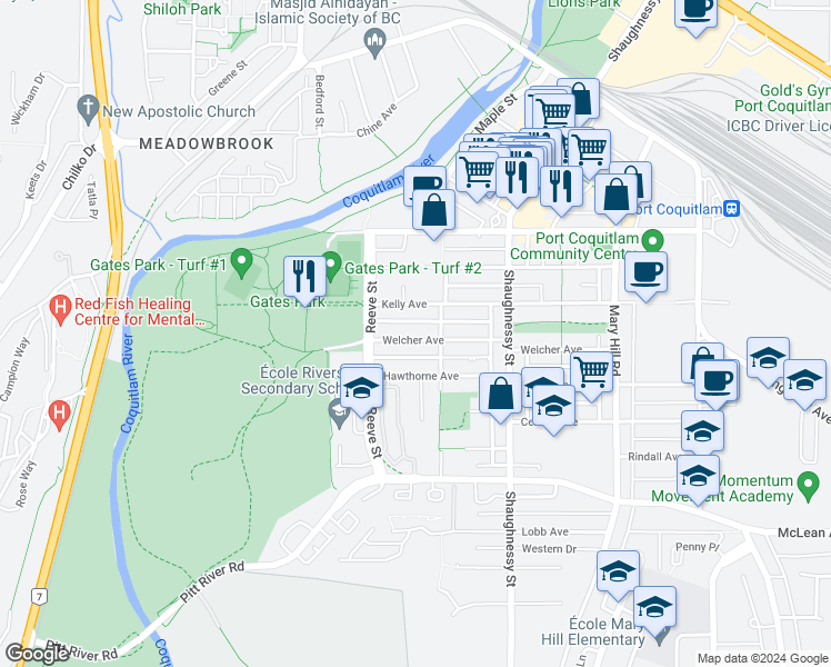 map of restaurants, bars, coffee shops, grocery stores, and more near 2437 Welcher Avenue in Port Coquitlam