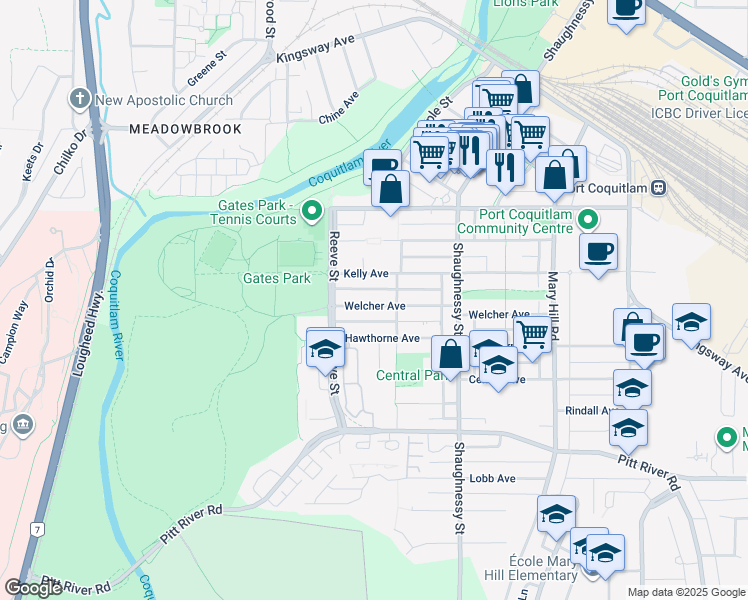 map of restaurants, bars, coffee shops, grocery stores, and more near 2437 Welcher Avenue in Port Coquitlam