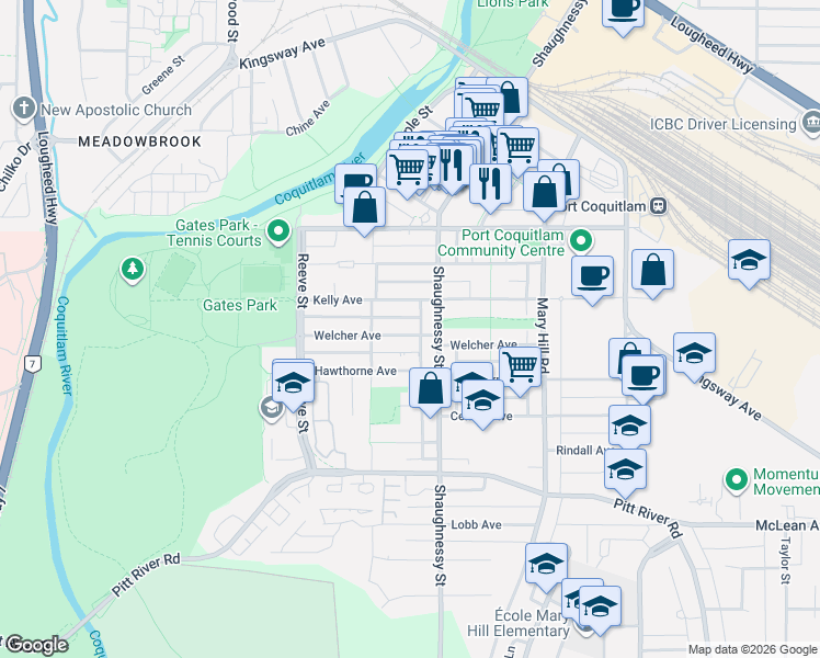 map of restaurants, bars, coffee shops, grocery stores, and more near 2349 Welcher Avenue in Port Coquitlam