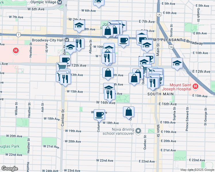 map of restaurants, bars, coffee shops, grocery stores, and more near in Vancouver