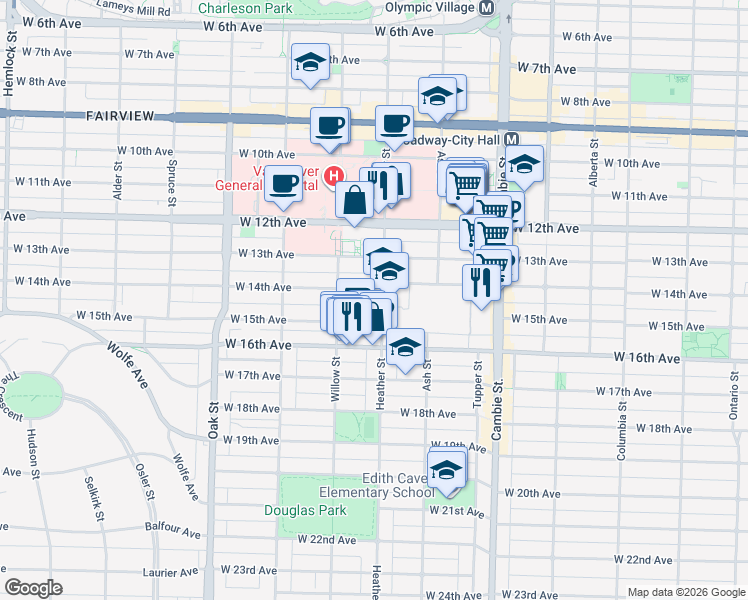 map of restaurants, bars, coffee shops, grocery stores, and more near 3013 Heather Street in Vancouver