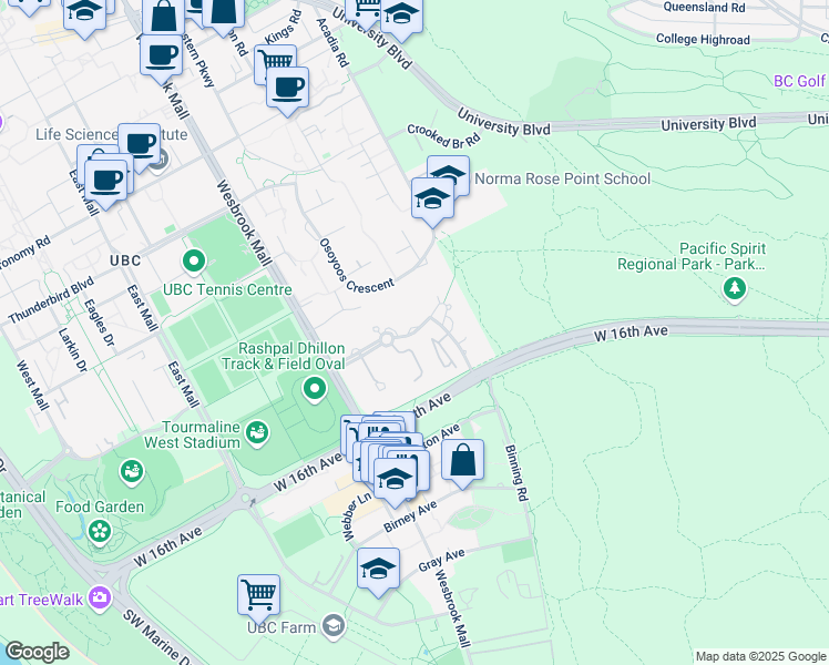 map of restaurants, bars, coffee shops, grocery stores, and more near 5760 Hampton Place in Vancouver