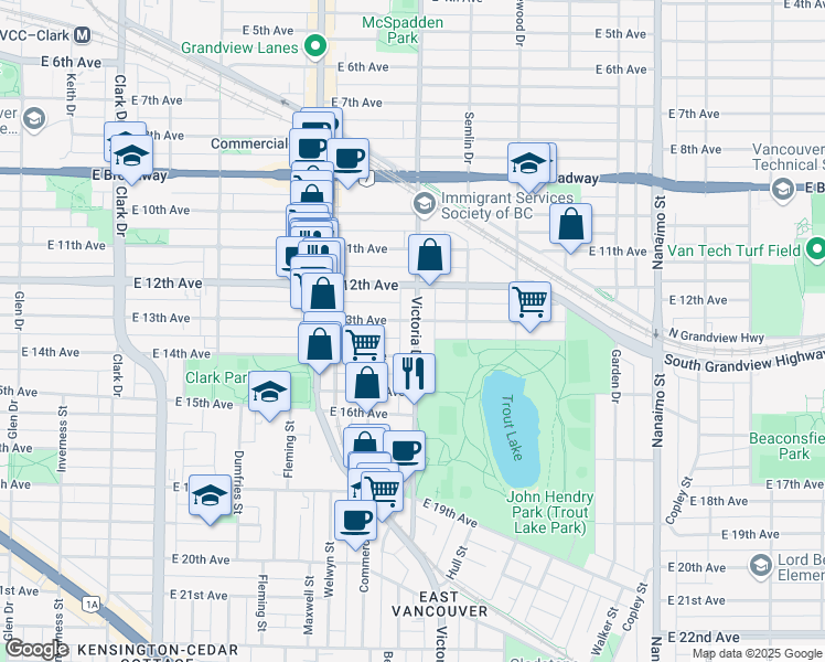 map of restaurants, bars, coffee shops, grocery stores, and more near 2917 Victoria Drive in Vancouver