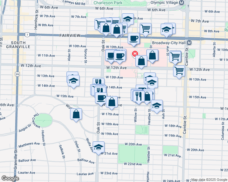 map of restaurants, bars, coffee shops, grocery stores, and more near 3021 Laurel Street in Vancouver