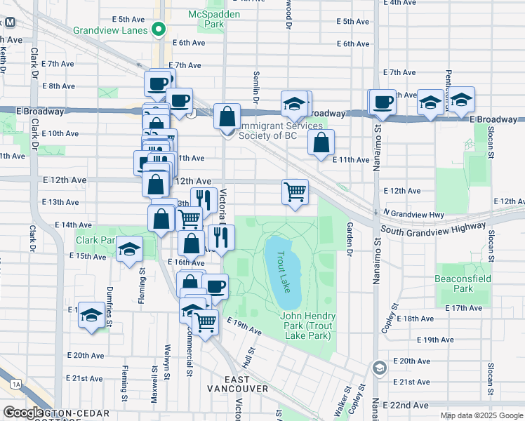 map of restaurants, bars, coffee shops, grocery stores, and more near 2016 East 13th Avenue in Vancouver