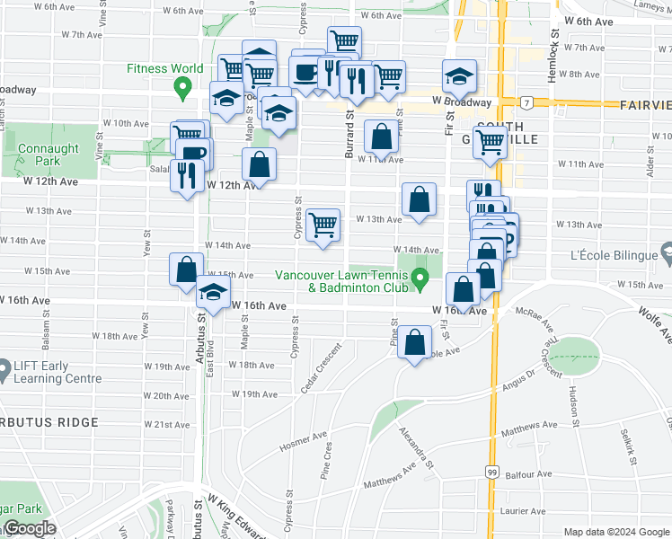 map of restaurants, bars, coffee shops, grocery stores, and more near 1815 West 15th Avenue in Vancouver