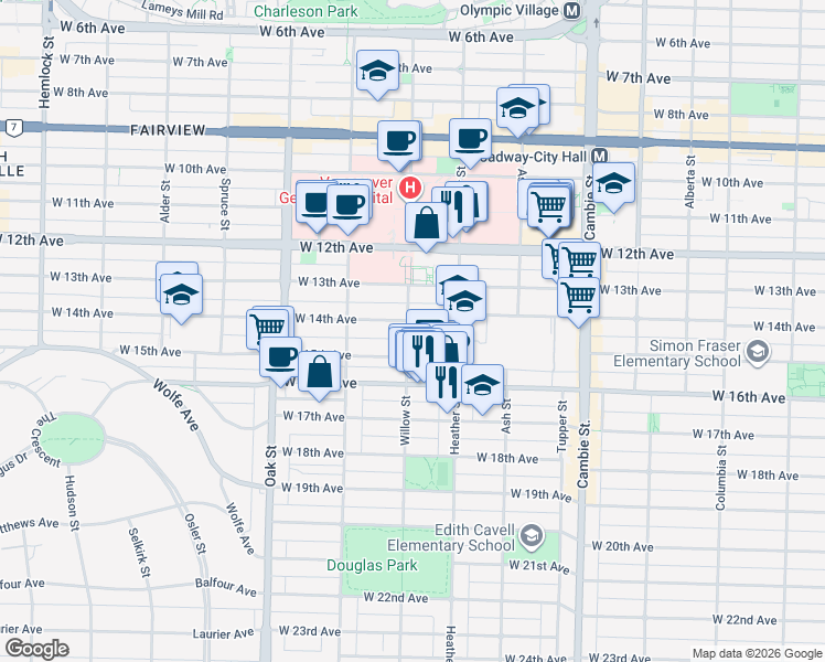map of restaurants, bars, coffee shops, grocery stores, and more near 3008 Willow Street in Vancouver
